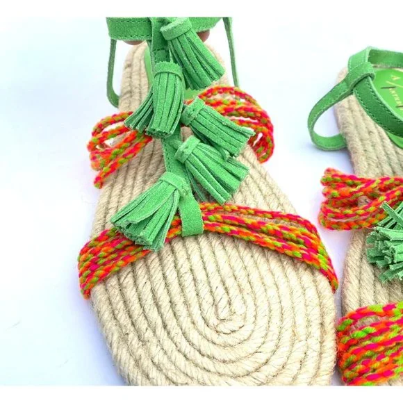 Anthropologie Fringed Rope Sandals Green Suede Boho Tassel Size 10M NWOB - Picture 11 of 14